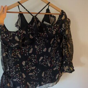 off-shoulder balloon sleeve frill floral blouse